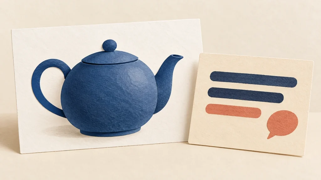 Une théière bleue et une carte symbolisant son équivalent textuel.