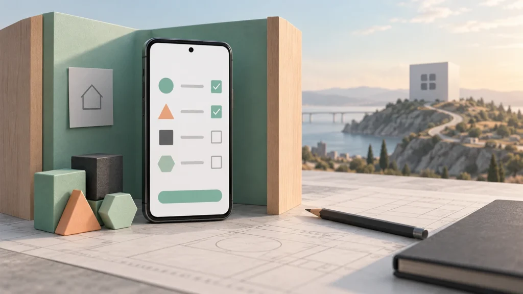 Illustration conceptuelle d’un prototype mobile personnel, avec liste simplifiée et blocs de construction.