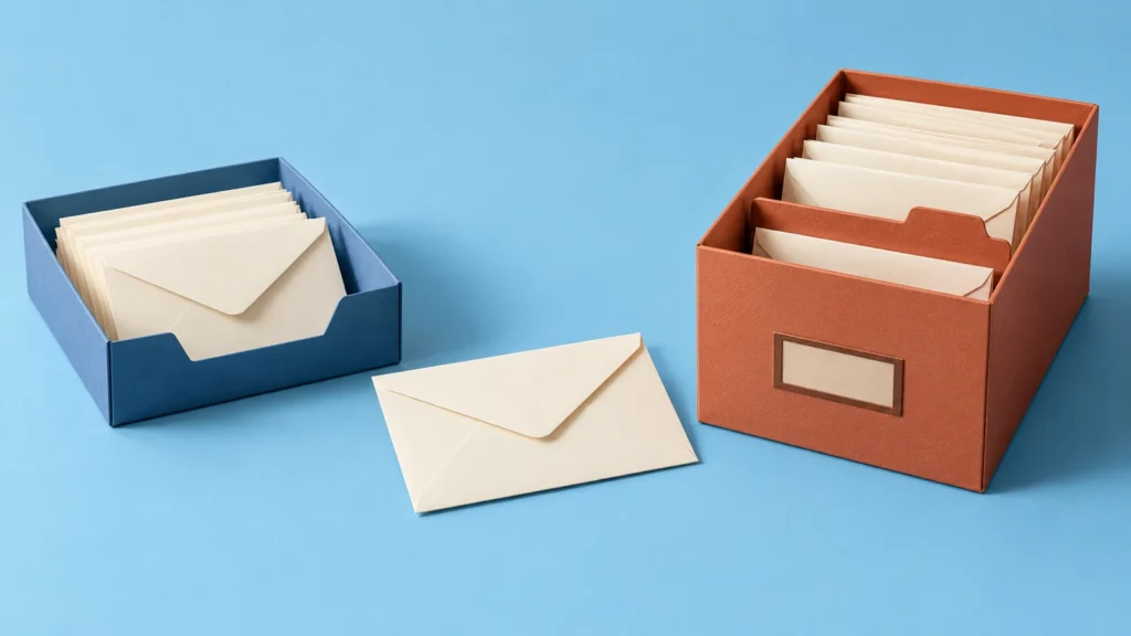 Courriers rangés dans un bac et une boîte d’archives séparée, avec une enveloppe entre les deux.