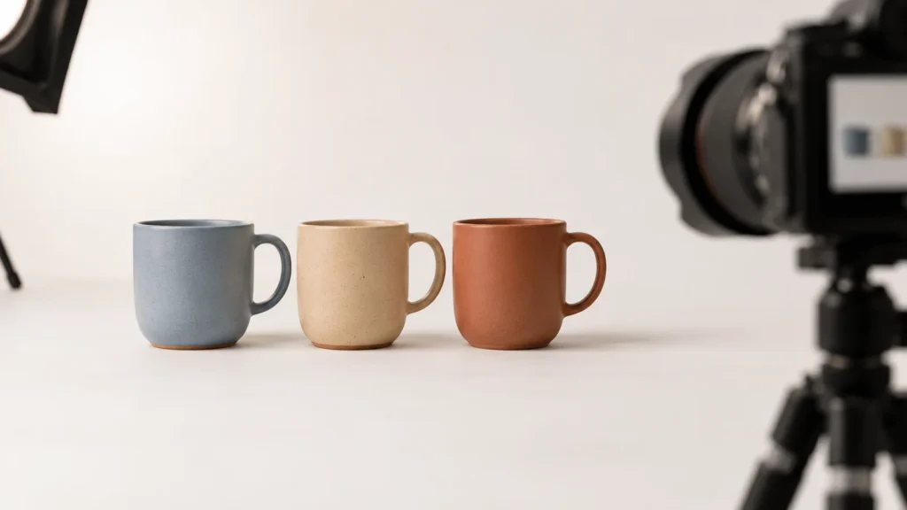 Trois couleurs d’un même mug photographiées avec un cadrage cohérent.