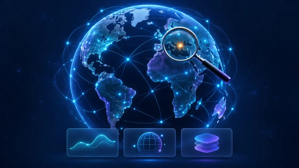 Illustration conceptuelle d’un globe connecté et d’une loupe, évoquant l’exploration géographique des données internet ; aucune interruption réelle représentée.