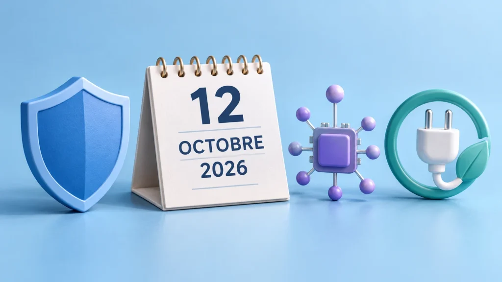 Illustration conceptuelle : calendrier du 12 octobre 2026 accompagné d’un bouclier, d’une puce à nœuds et d’une prise évoquant les trois thèmes du Digital Day de Chalon.