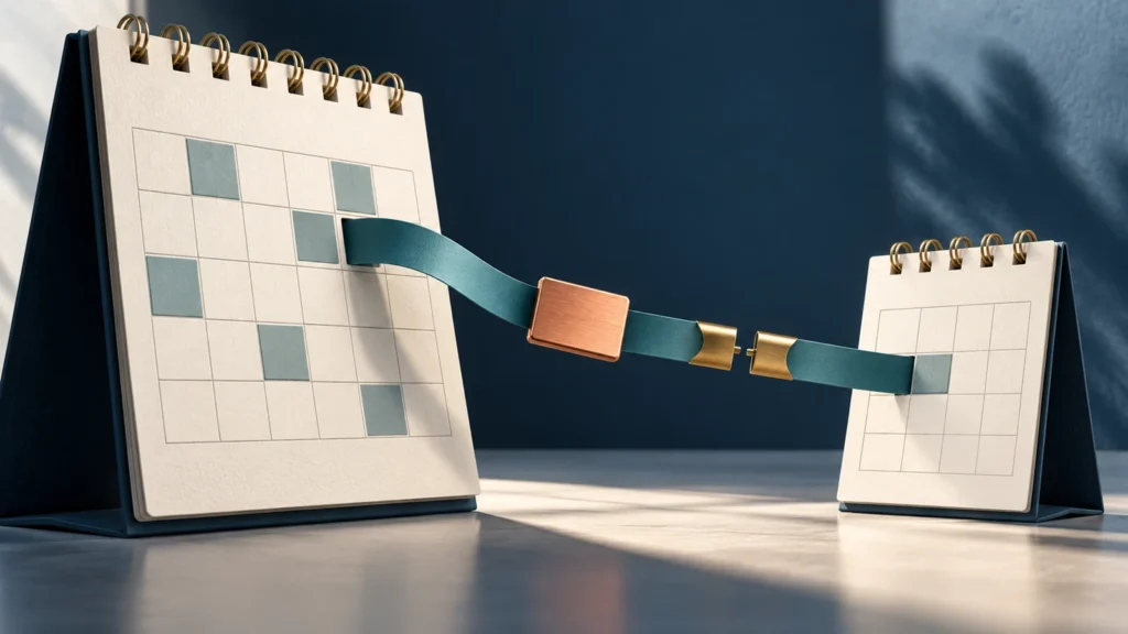 Illustration conceptuelle : un calendrier source et un agenda abonné sont reliés par un ruban en cours de raccordement.