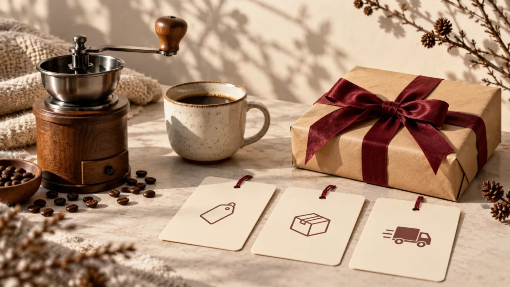 Moulin à café, tasse et paquet cadeau accompagnés de fiches symbolisant le produit, le colis et la livraison.