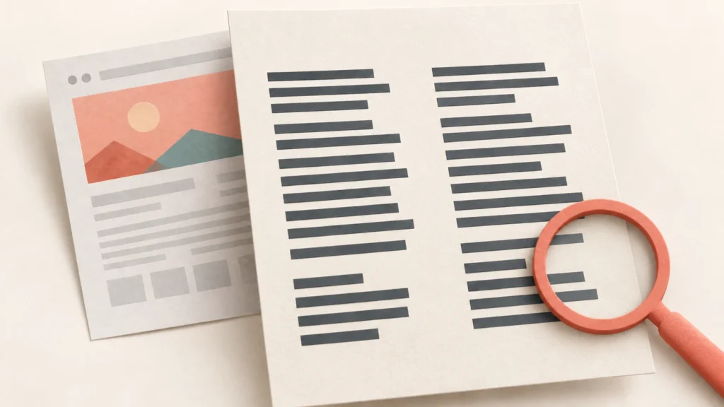 Illustration conceptuelle d’une page web et d’un document à deux colonnes examinés à la loupe.