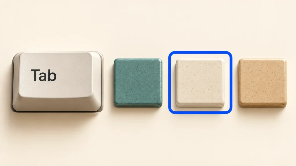 Une touche Tab accompagne trois éléments, dont celui du milieu est entouré d’un contour bleu.