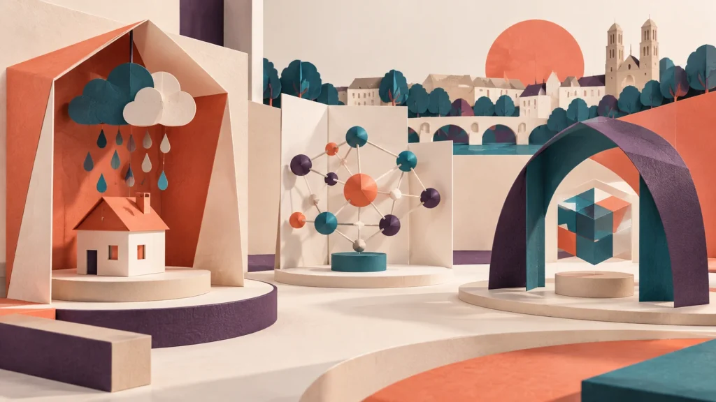 Trois stands conceptuels en papier représentent la prévention climatique, les données et la protection numérique.