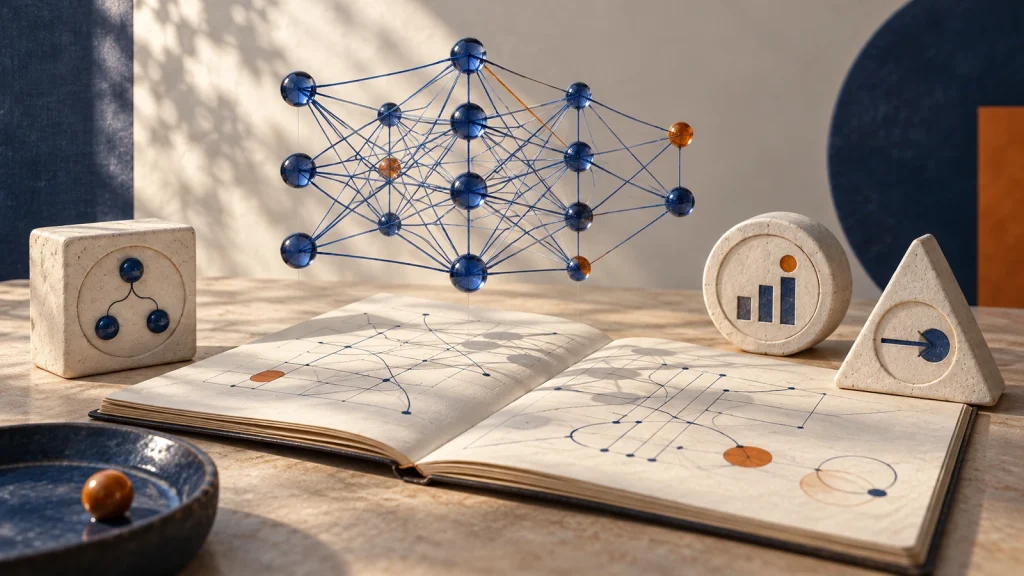 Réseau neuronal ouvert en volume au-dessus d’un carnet de recherche et de modules représentant l’évaluation des usages.