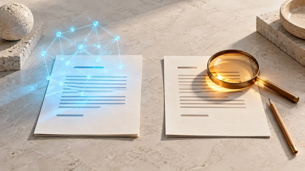 Deux documents, l’un accompagné d’un réseau lumineux et l’autre d’une loupe et d’un crayon, illustrent travail assisté et jugement autonome.