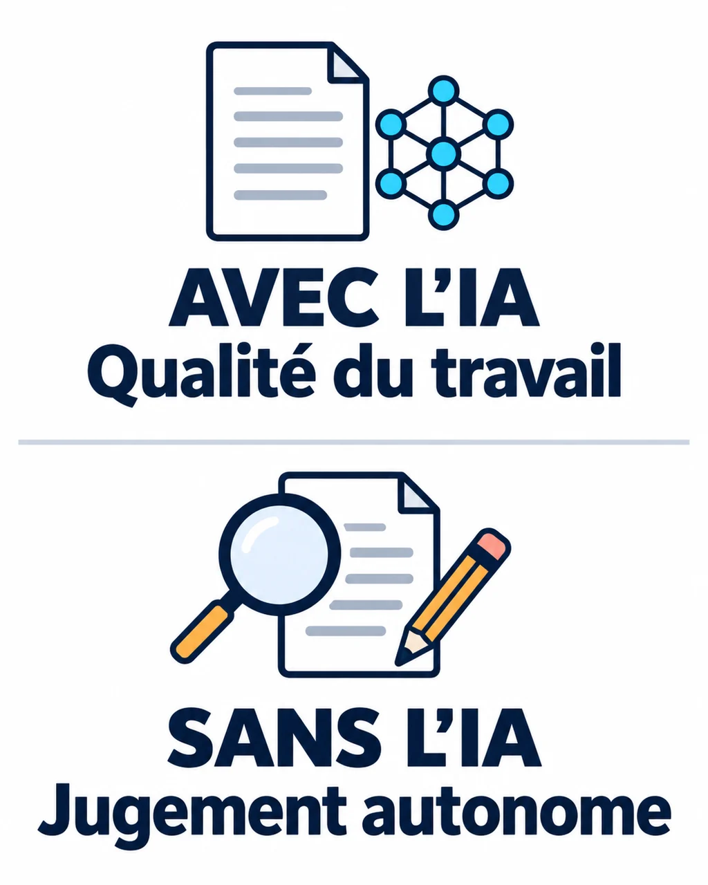 Deux évaluations distinctes : avec l’IA, qualité du travail ; sans l’IA, jugement autonome.