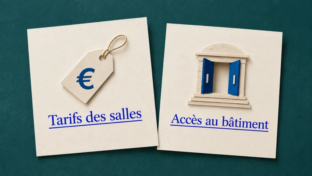 Deux exemples de liens explicites : Tarifs des salles et Accès au bâtiment.