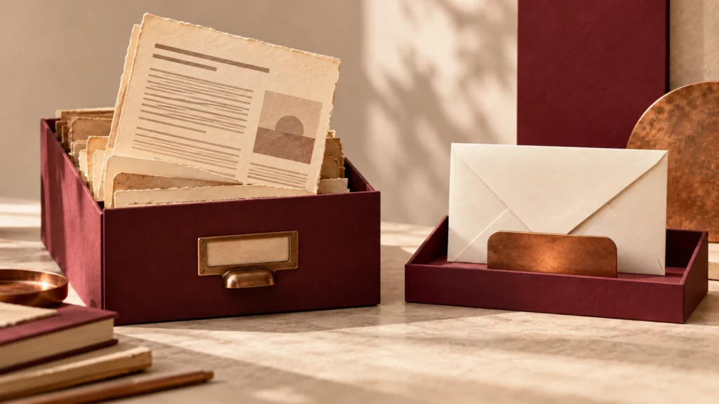 Illustration conceptuelle : un article sort d’un tiroir d’archives, séparé d’une enveloppe dans le bac des envois.