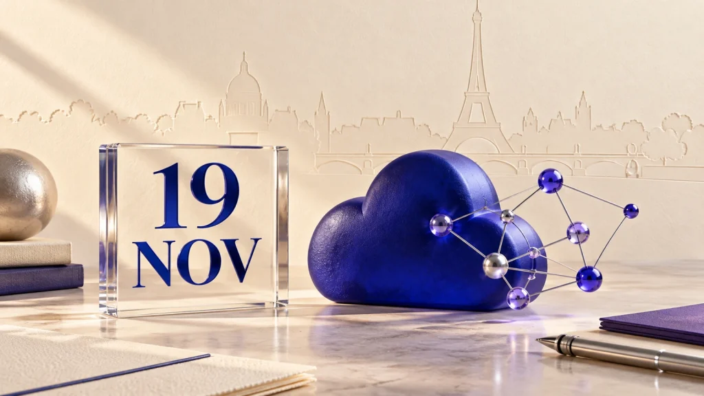 Illustration générée : repère 19 NOV, nuage bleu et réseau de nœuds sur fond évoquant Paris.