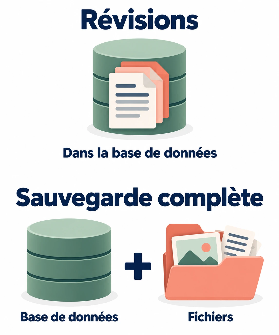 Les révisions sont dans la base de données. Une sauvegarde complète couvre la base de données et les fichiers.