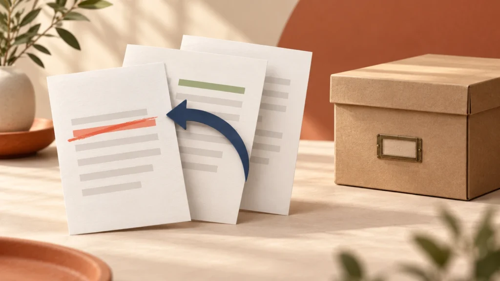 Trois versions d’un document reliées par une flèche de retour, à côté d’une boîte d’archives distincte.