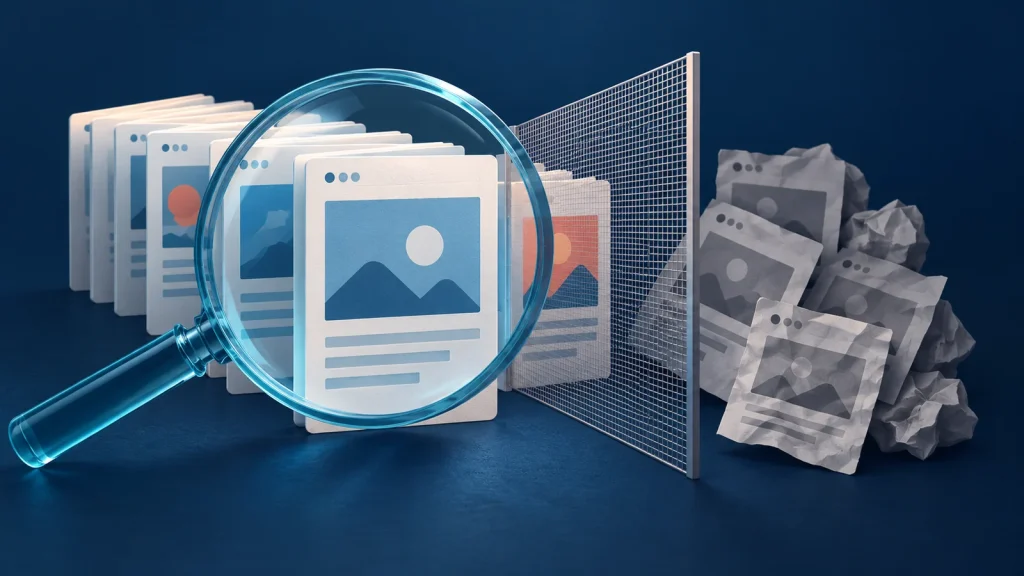 Loupe et grille examinant des cartes de pages web : illustration conceptuelle d’une revue de contenus.