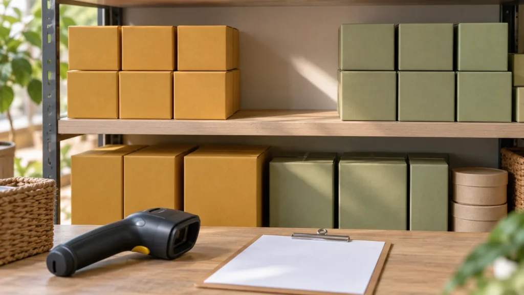 Boîtes de produits sur une étagère, scanner de codes-barres et fiche de comptage sans données réelles.