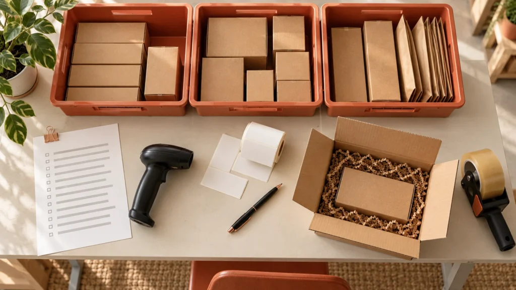 Table de préparation organisée en bacs, colis kraft, liste de prélèvement et lecteur de codes-barres.