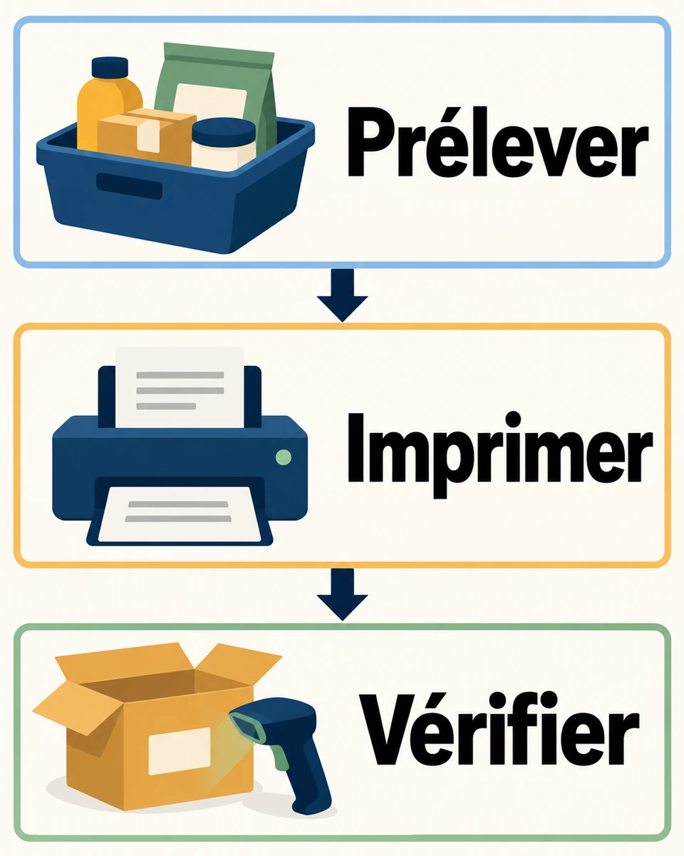 Trois étapes successives : prélever les produits, imprimer les documents, puis vérifier le contenu du colis.
