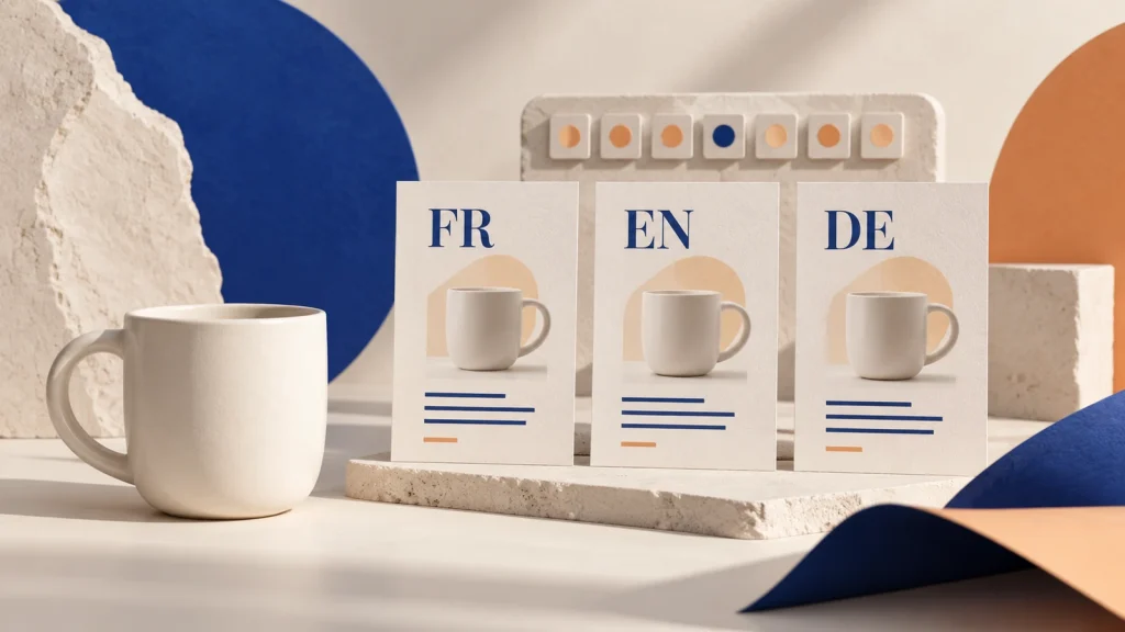 Illustration générée : un même produit présenté sur trois cartes FR, EN et DE, devant un repère de semaine.
