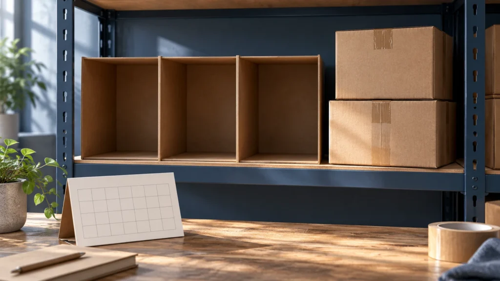 Trois casiers vides, deux cartons fermés et un calendrier sans date illustrent un réapprovisionnement attendu.