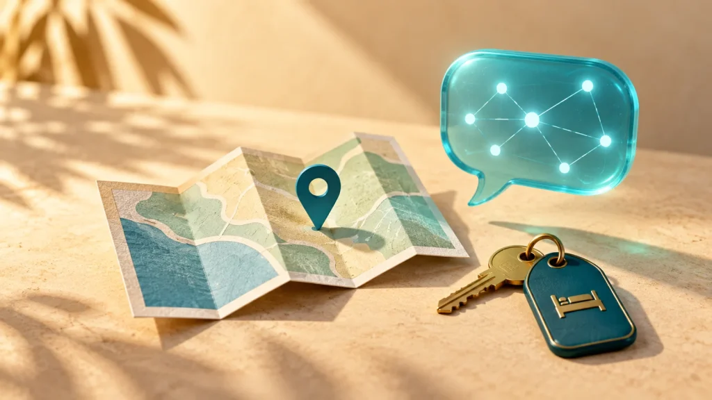 Carte de voyage, repère de destination, clé d’hôtel et bulle de dialogue à réseau lumineux : illustration conceptuelle du tourisme et de l’IA.