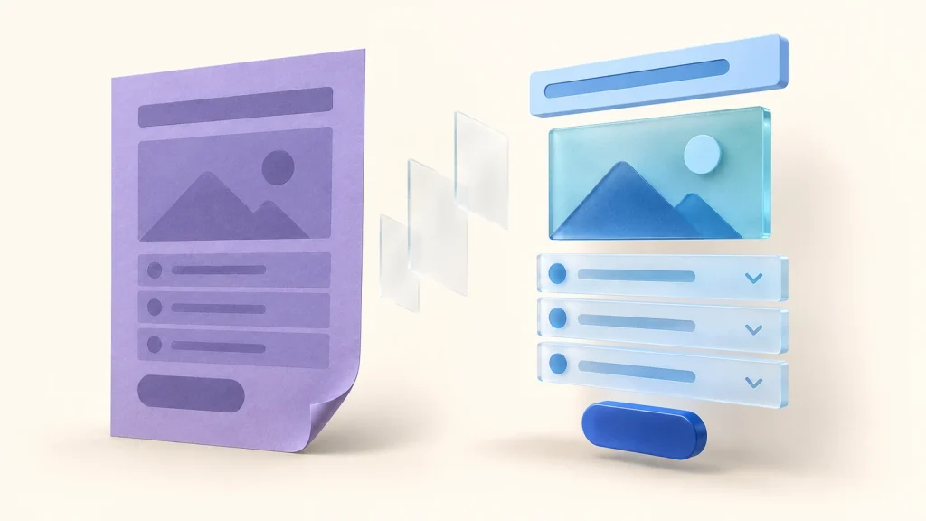 Une page violette se décompose en éléments bleus distincts, illustration conceptuelle d’un import éditable.