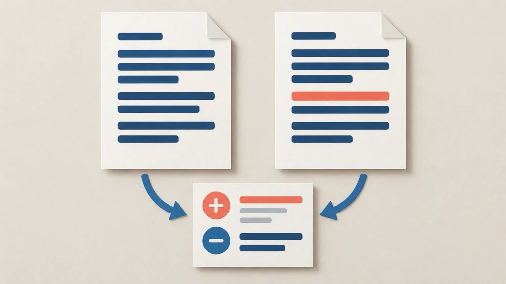 Deux versions d’un document conduisent à un résultat montrant les ajouts et suppressions.
