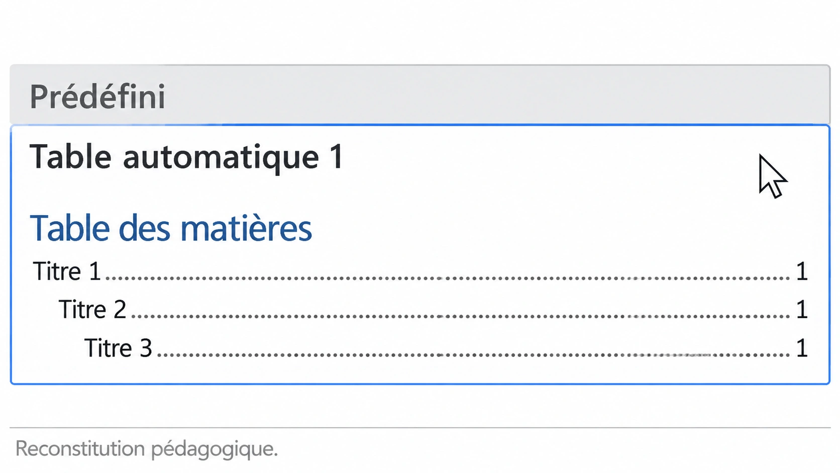 Menu Table des matières ouvert : Table automatique 1 est le premier modèle sous Prédéfini.