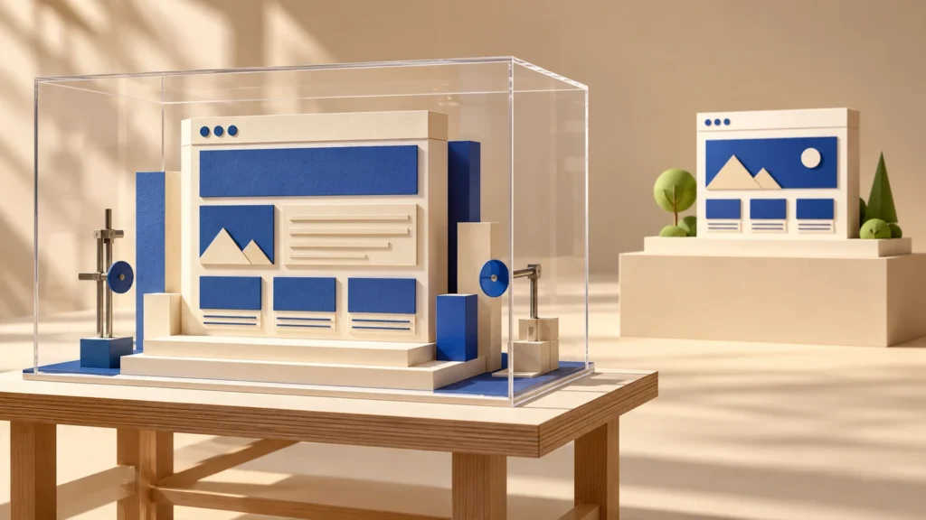 Maquette de site dans un espace de test protégé, séparée d’une autre maquette en arrière-plan.