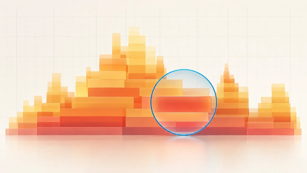 Illustration générée : blocs de calcul empilés avec une loupe sur un bloc large, évocation conceptuelle d’un flamegraph.